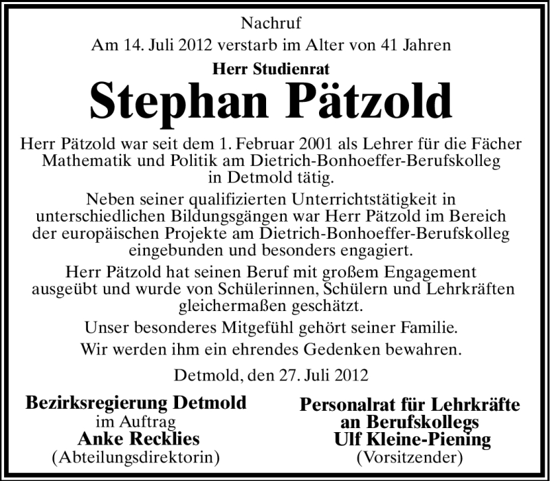  Traueranzeige für Stephan Pätzold vom 27.07.2012 aus Neue Westfälische