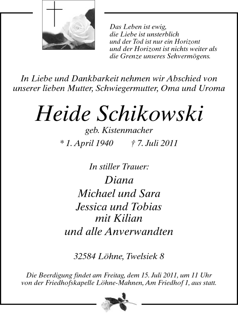  Traueranzeige für Heide Schikowski vom 12.07.2011 aus Neue Westfälische