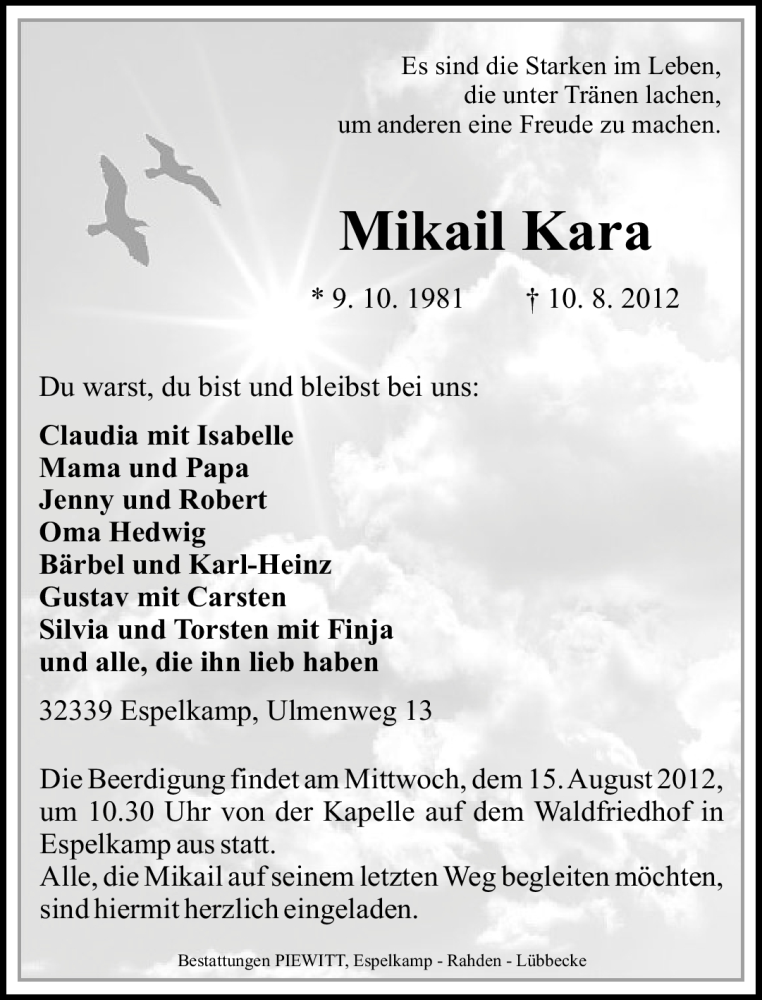  Traueranzeige für Mikail Kara vom 11.08.2012 aus Neue Westfälische