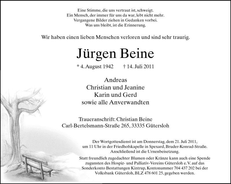  Traueranzeige für Jürgen Beine vom 16.07.2011 aus Neue Westfälische