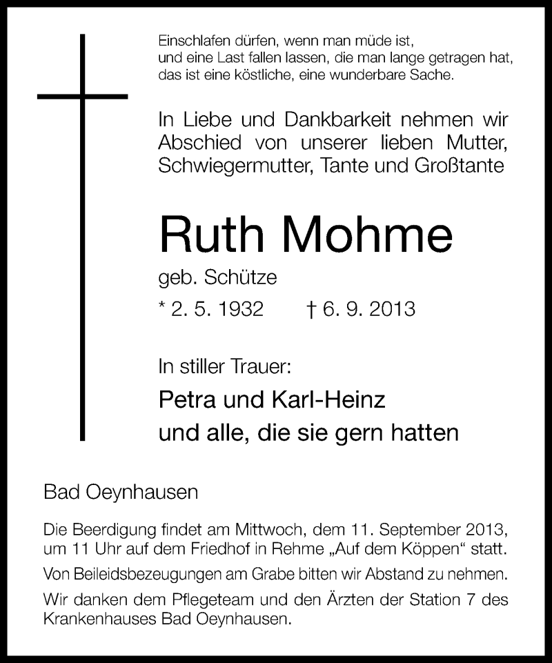  Traueranzeige für Ruth Mohme vom 09.09.2013 aus Neue Westfälische