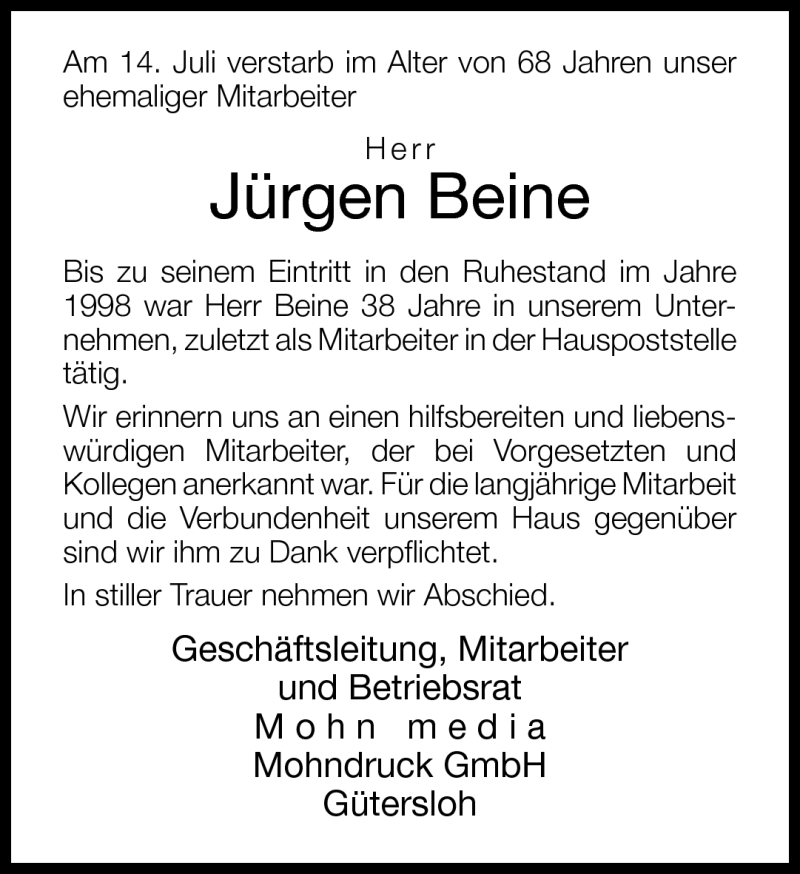  Traueranzeige für Jürgen Beine vom 19.07.2011 aus Neue Westfälische