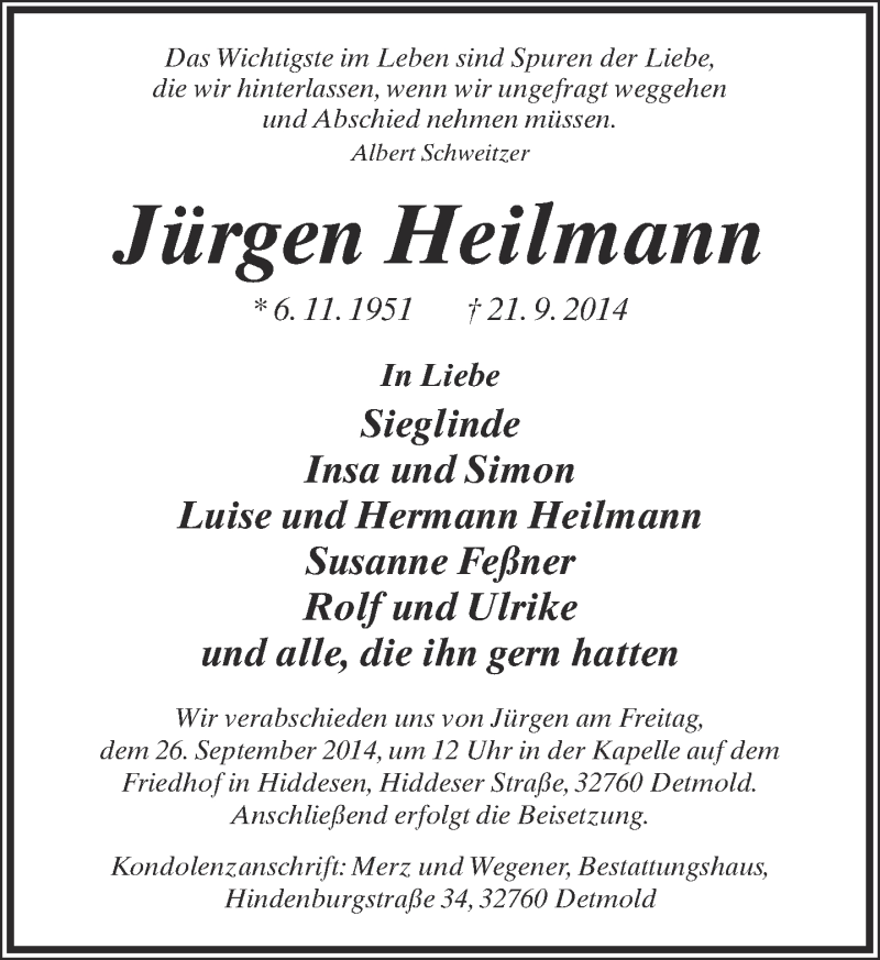  Traueranzeige für Jürgen Heilmann vom 24.09.2014 aus Neue Westfälische