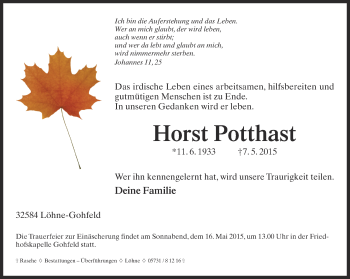 Traueranzeige von Horst Potthast von Neue Westfälische