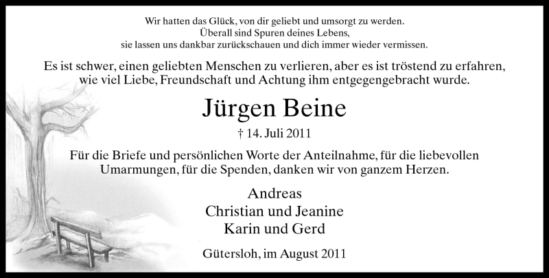  Traueranzeige für Jürgen Beine vom 20.08.2011 aus Neue Westfälische