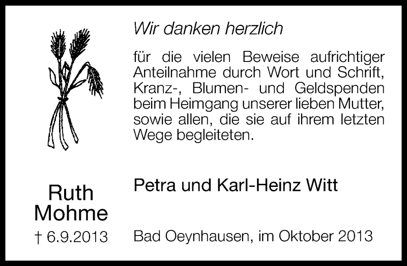  Traueranzeige für Ruth Mohme vom 19.10.2013 aus Neue Westfälische