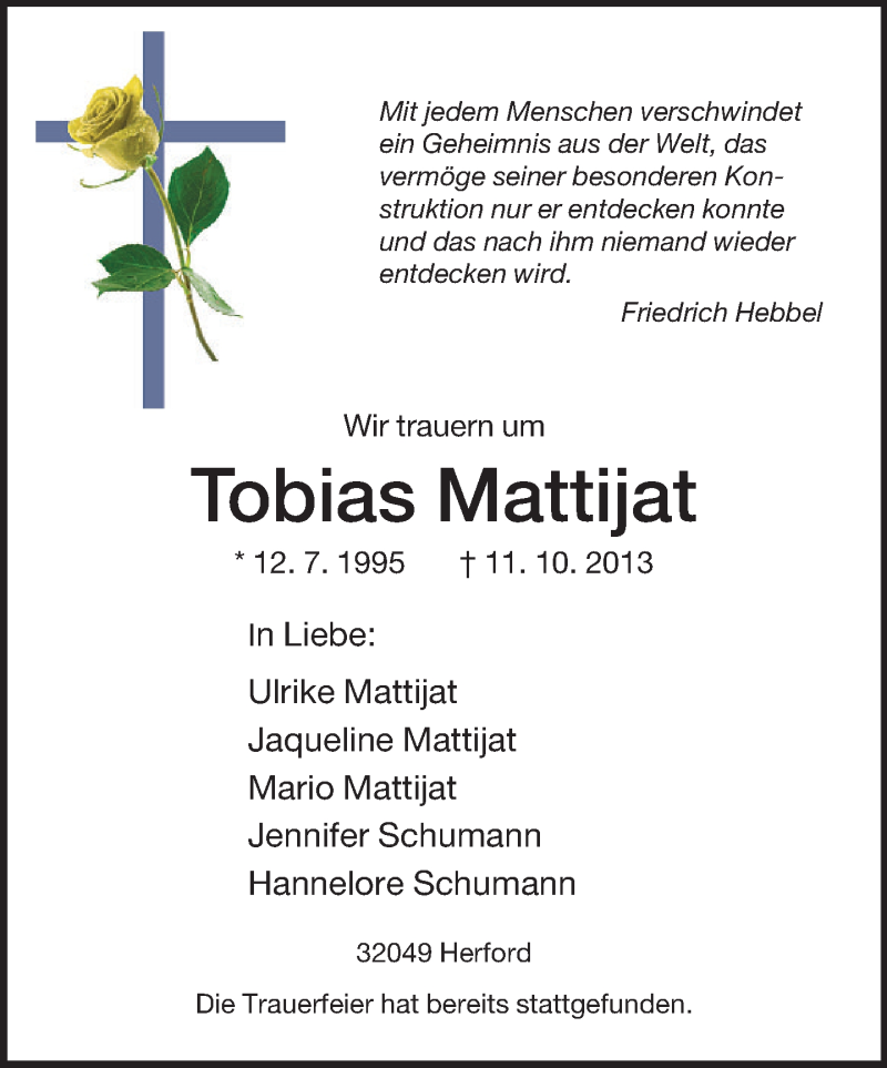  Traueranzeige für Tobias Mattijat vom 19.10.2013 aus Neue Westfälische