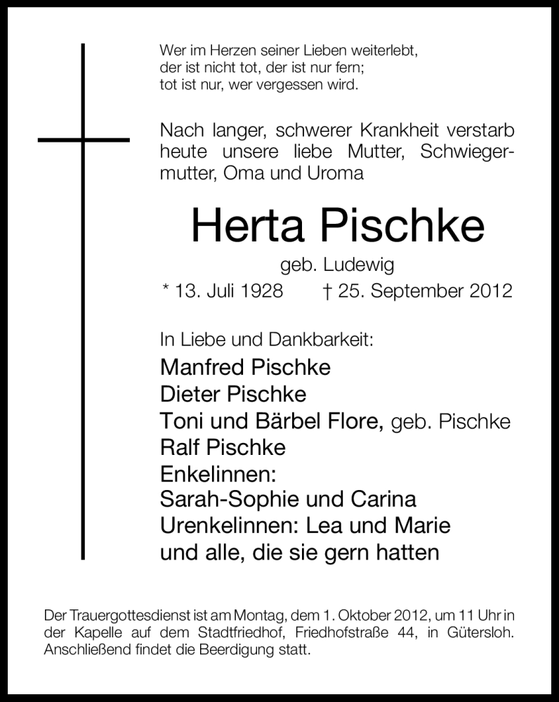  Traueranzeige für Herta Pischke vom 28.09.2012 aus Neue Westfälische
