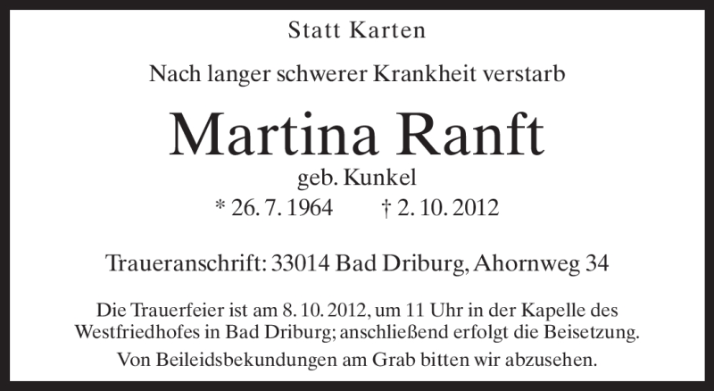 Traueranzeige für Martina Ranft vom 06.10.2012 aus Neue Westfälische