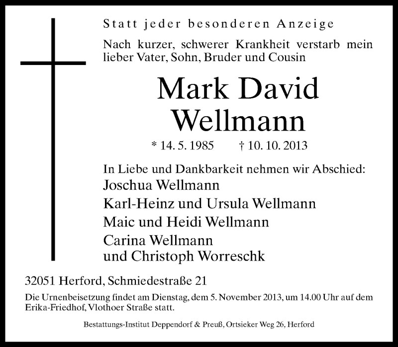  Traueranzeige für Mark David Wellmann vom 01.11.2013 aus Neue Westfälische
