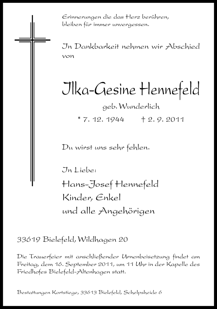  Traueranzeige für Ilka-Gesine Hennefeld vom 10.09.2011 aus Neue Westfälische