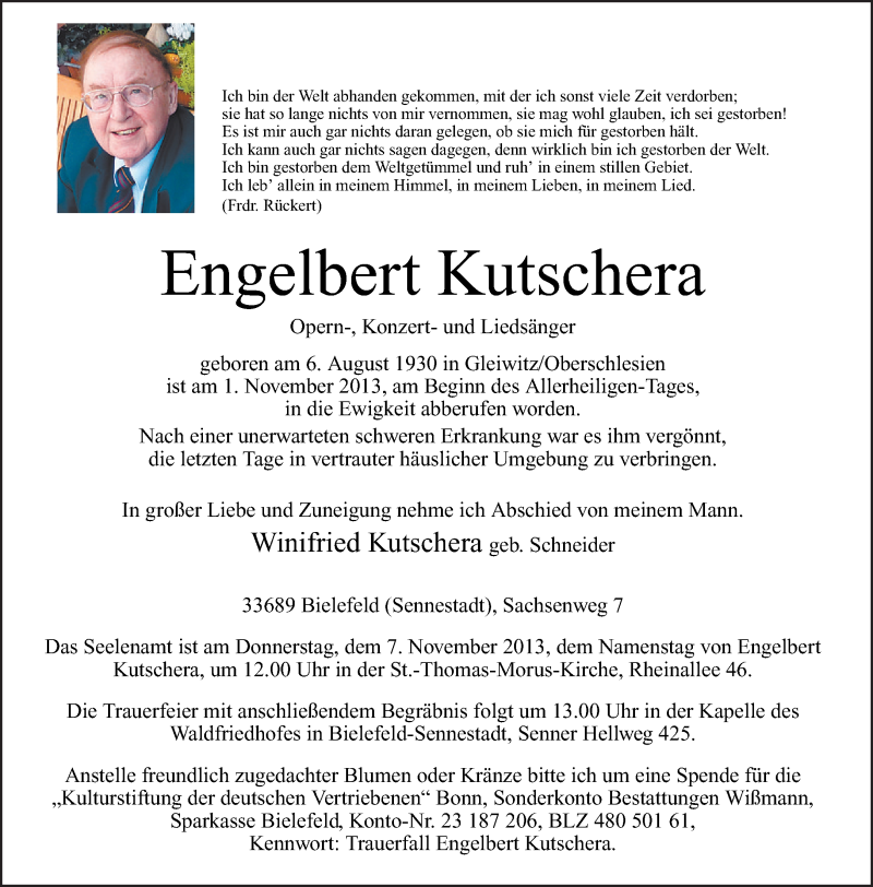  Traueranzeige für Engelbert Kutschera vom 05.11.2013 aus Neue Westfälische