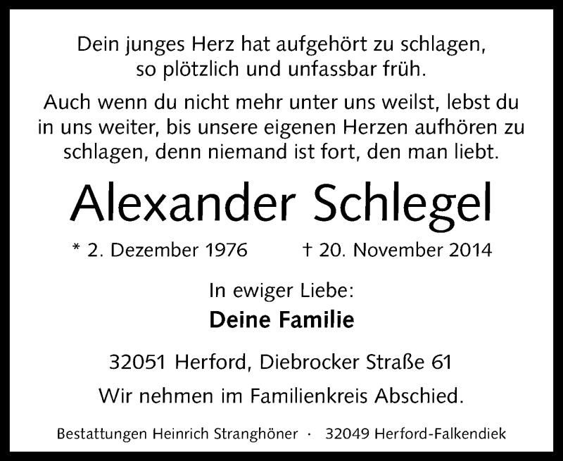  Traueranzeige für Alexander Schlegel vom 24.11.2014 aus Neue Westfälische