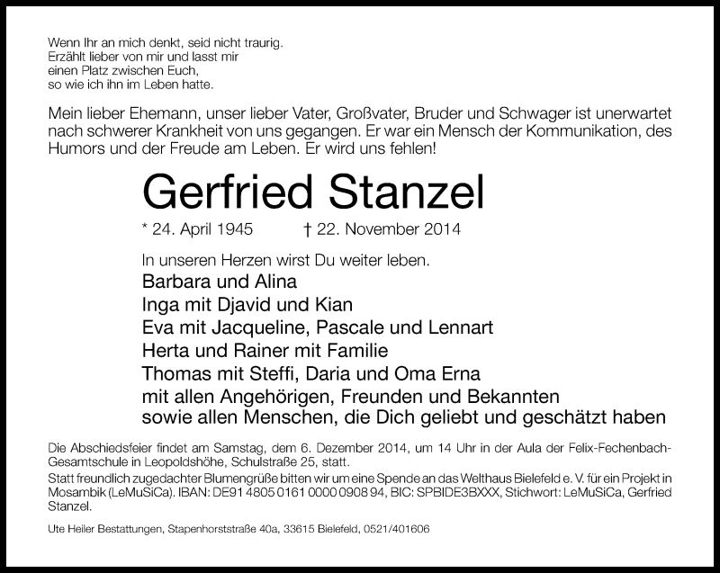  Traueranzeige für Gerfried Stanzel vom 29.11.2014 aus Neue Westfälische