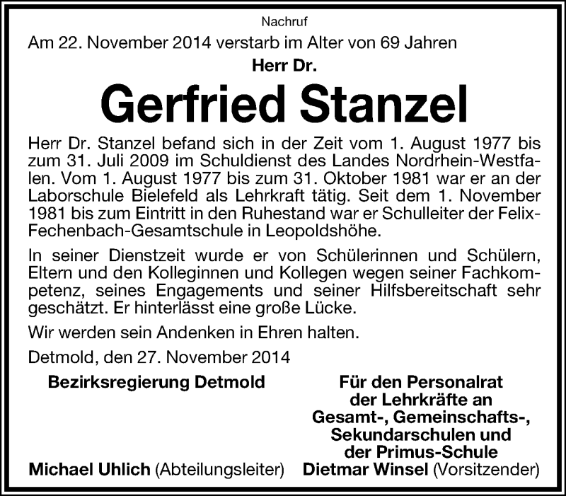  Traueranzeige für Gerfried Stanzel vom 02.12.2014 aus Neue Westfälische
