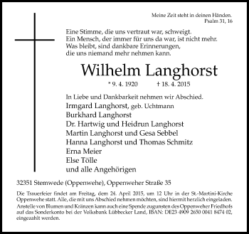 Traueranzeige von Wilhelm Langhorst von Neue Westfälische