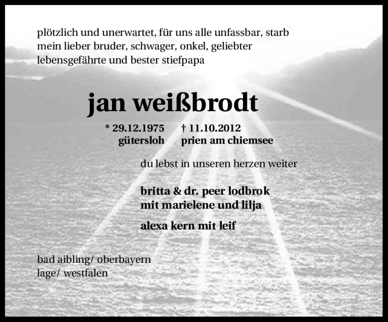  Traueranzeige für Jan Weißbrodt vom 20.10.2012 aus Neue Westfälische