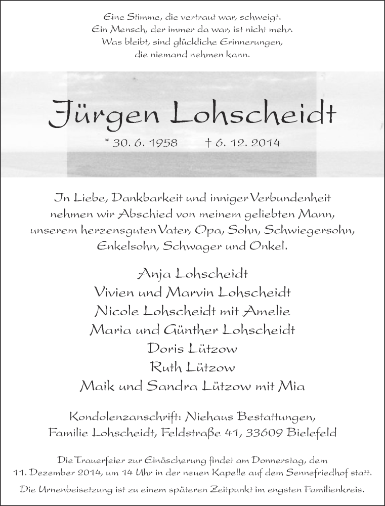  Traueranzeige für Jürgen Lohscheidt vom 09.12.2014 aus Neue Westfälische