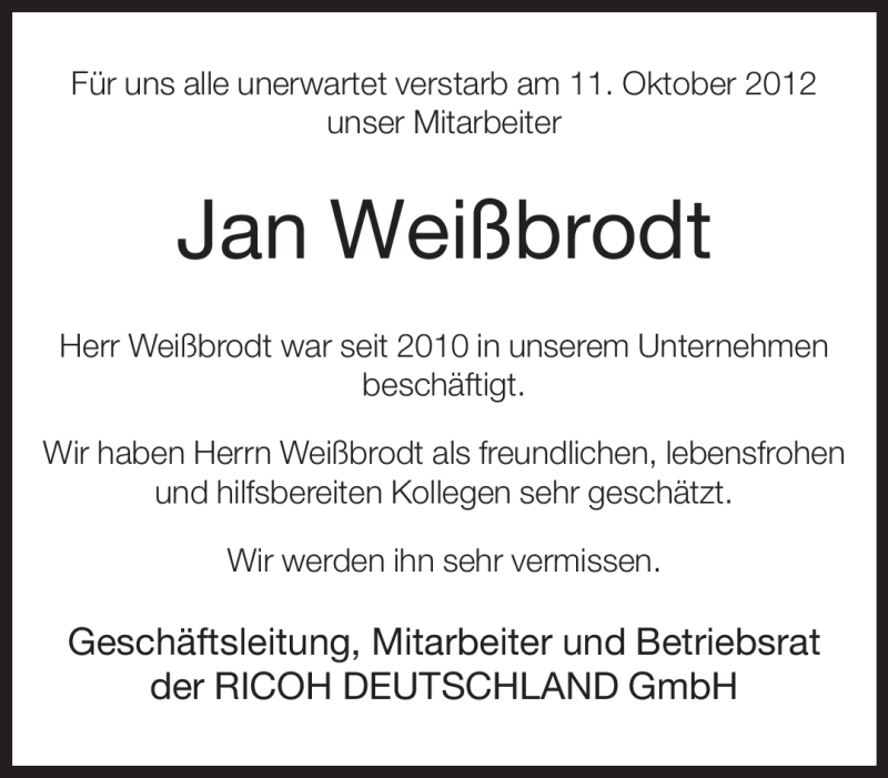  Traueranzeige für Jan Weißbrodt vom 24.10.2012 aus Neue Westfälische