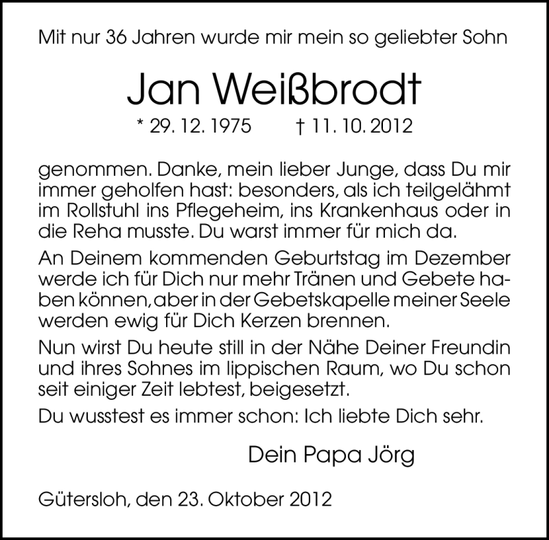  Traueranzeige für Jan Weißbrodt vom 23.10.2012 aus Neue Westfälische