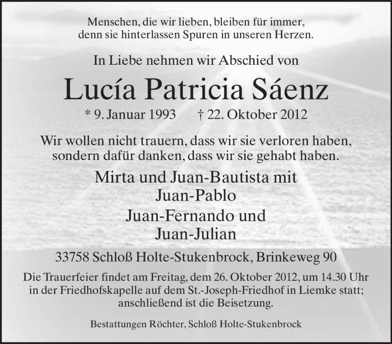  Traueranzeige für Lucia Patricia  Saenz vom 24.10.2012 aus Neue Westfälische