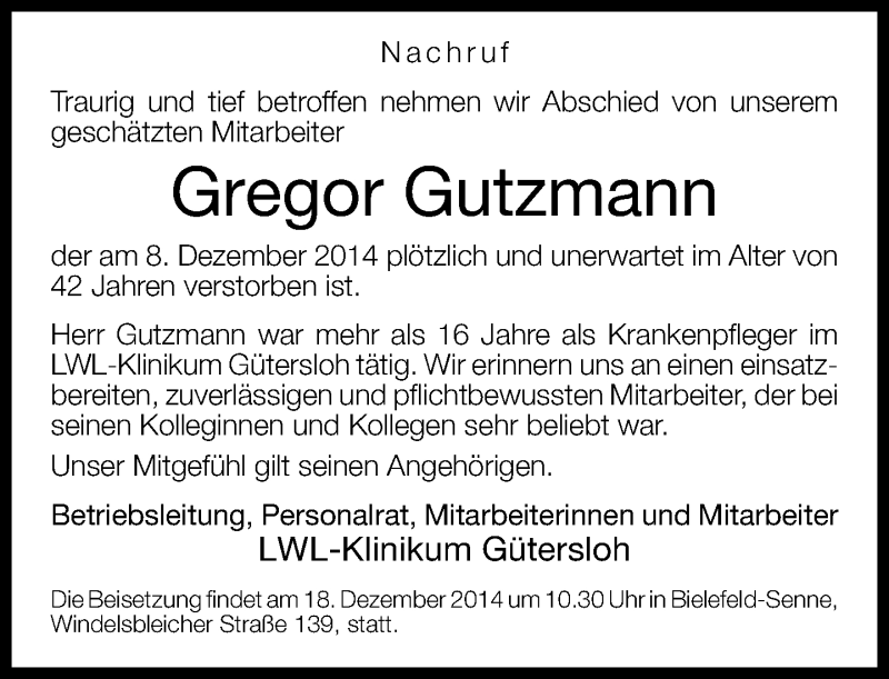  Traueranzeige für Gregor Gutzmann vom 13.12.2014 aus Neue Westfälische