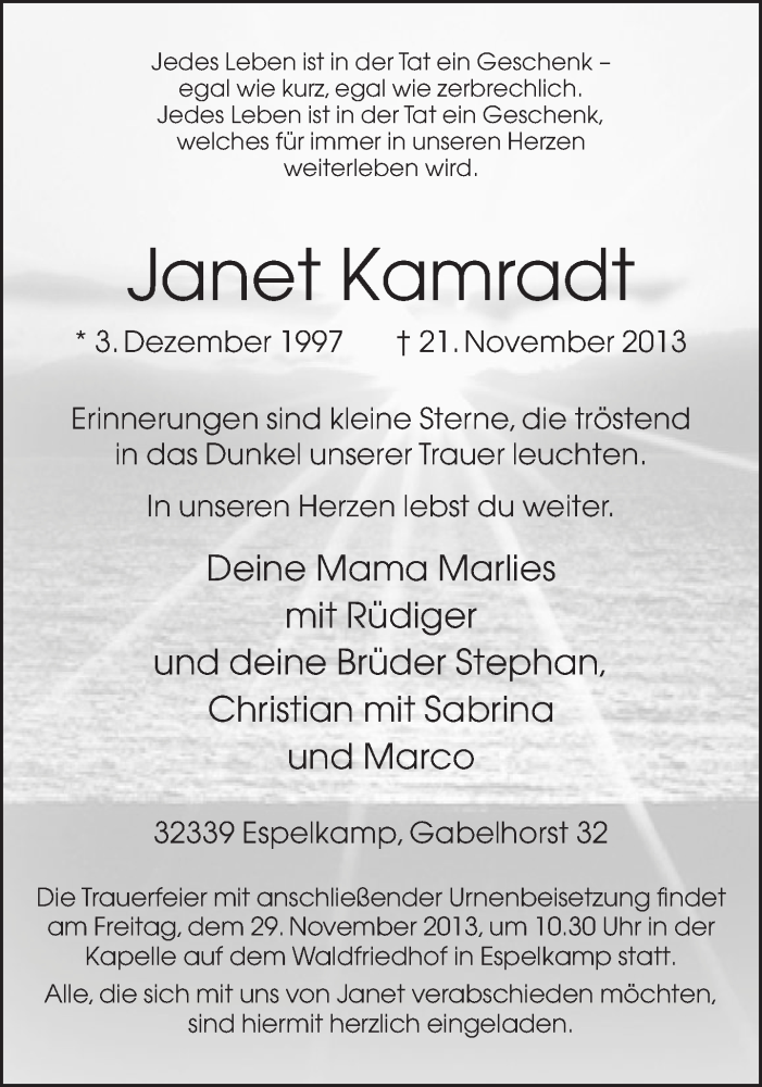  Traueranzeige für Janet Kamradt vom 26.11.2013 aus Neue Westfälische