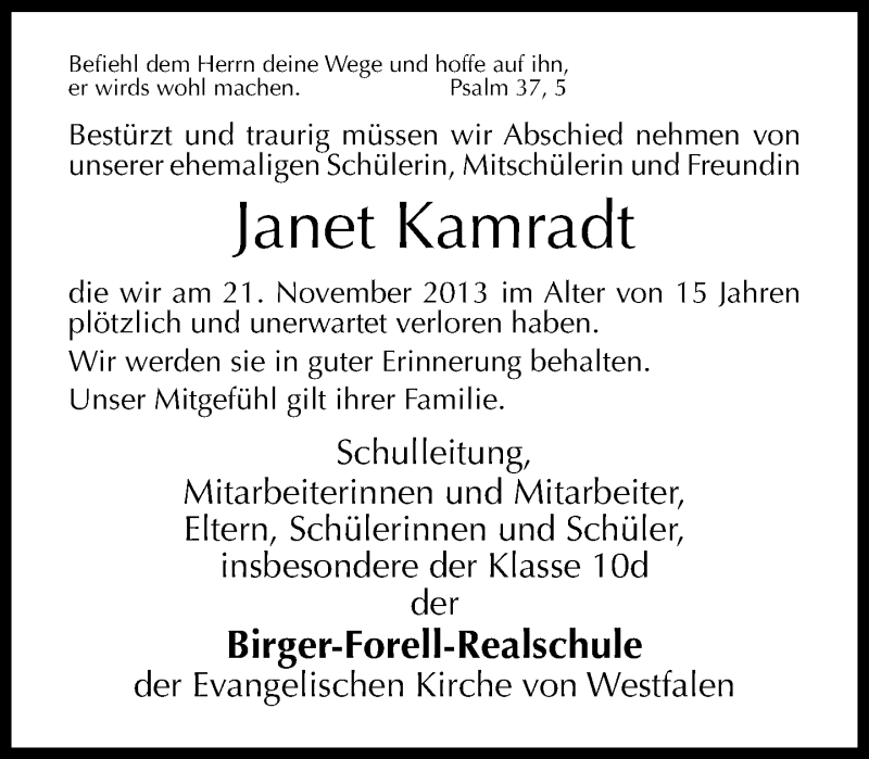  Traueranzeige für Janet Kamradt vom 28.11.2013 aus Neue Westfälische