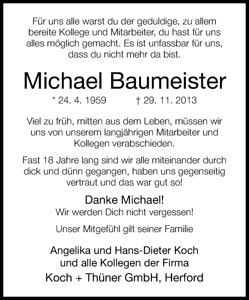  Traueranzeige für Michael Baumeister vom 03.12.2013 aus Neue Westfälische