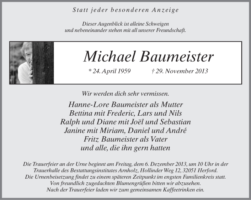  Traueranzeige für Michael Baumeister vom 03.12.2013 aus Neue Westfälische