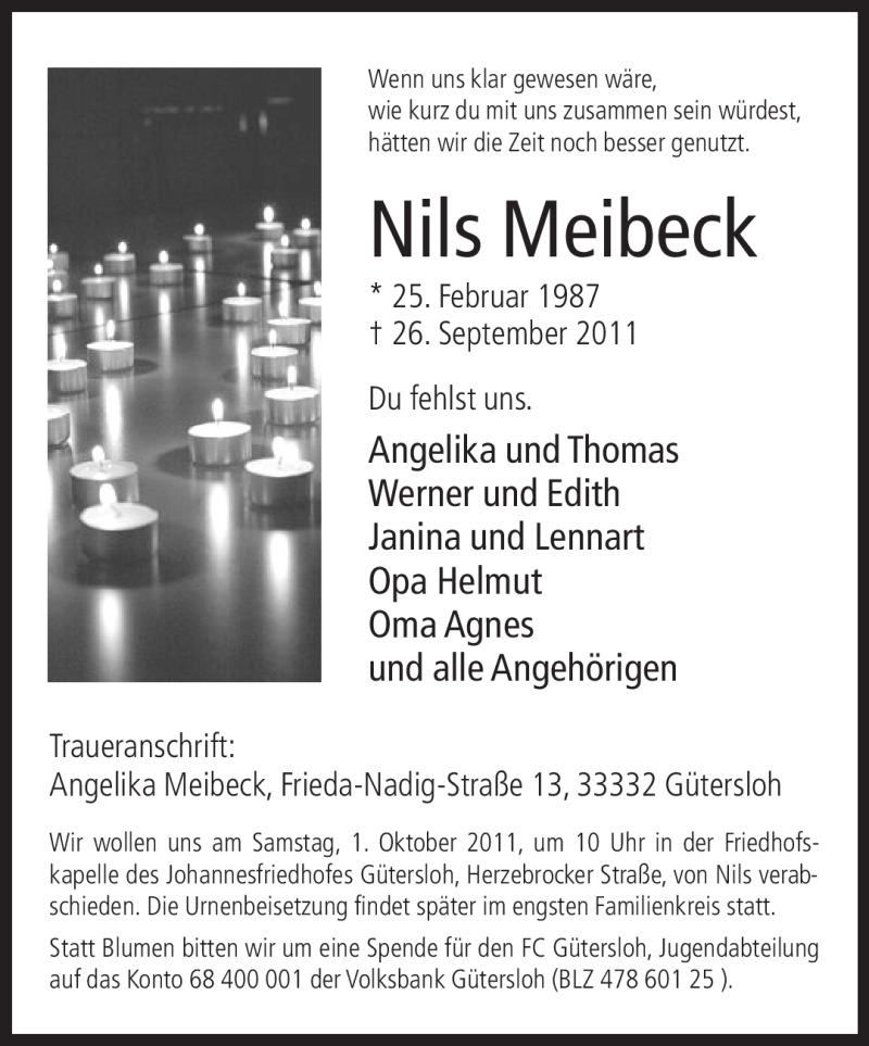  Traueranzeige für Nils Meibeck vom 29.09.2011 aus Neue Westfälische