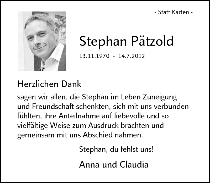  Traueranzeige für Stephan Pätzold vom 10.11.2012 aus Neue Westfälische
