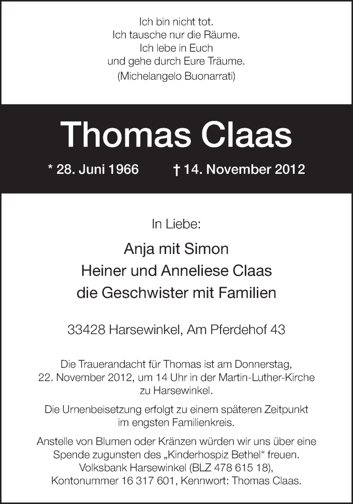  Traueranzeige für Thomas Claas vom 17.11.2012 aus Neue Westfälische