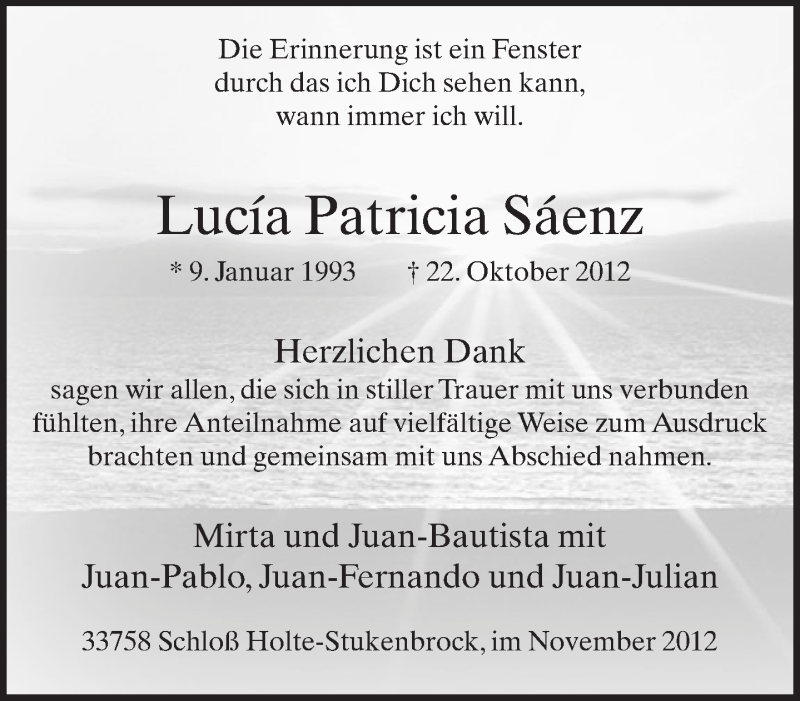  Traueranzeige für Lucia Patricia  Saenz vom 24.11.2012 aus Neue Westfälische