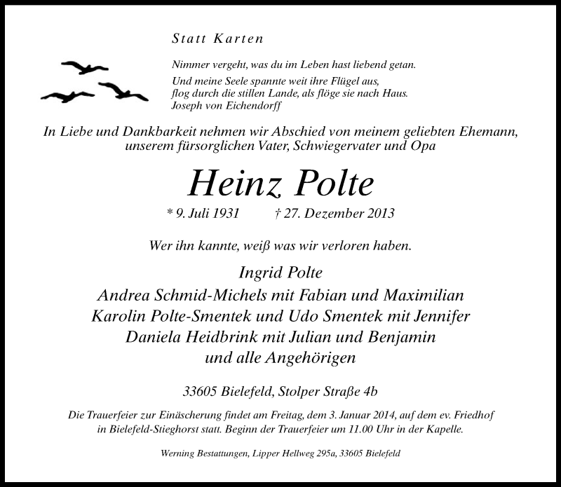  Traueranzeige für Heinz Polte vom 30.12.2013 aus Neue Westfälische