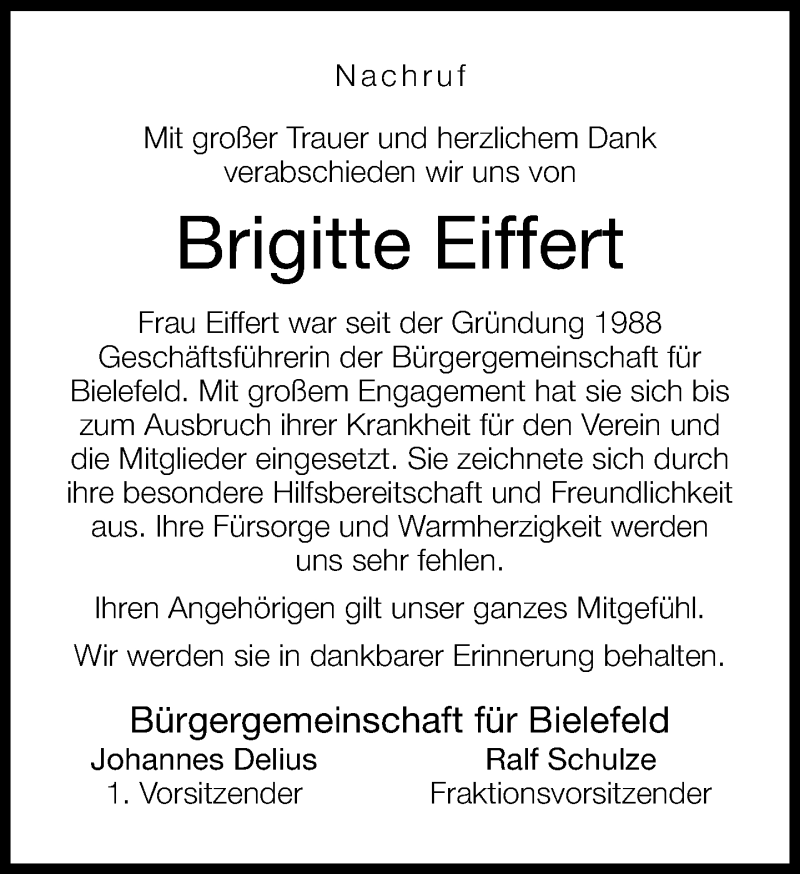  Traueranzeige für Brigitte Eiffert vom 24.11.2012 aus Neue Westfälische