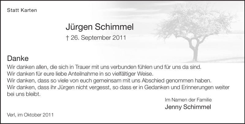  Traueranzeige für Jürgen Schimmel vom 29.10.2011 aus Neue Westfälische
