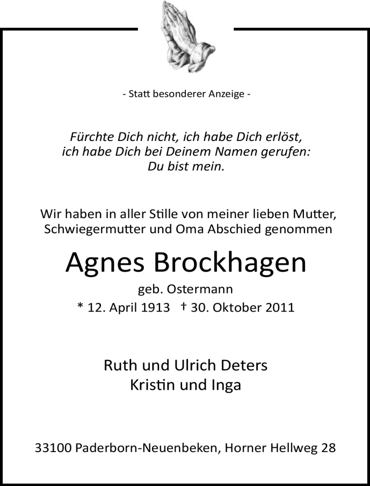  Traueranzeige für Agnes Brockhagen vom 04.11.2011 aus Neue Westfälische