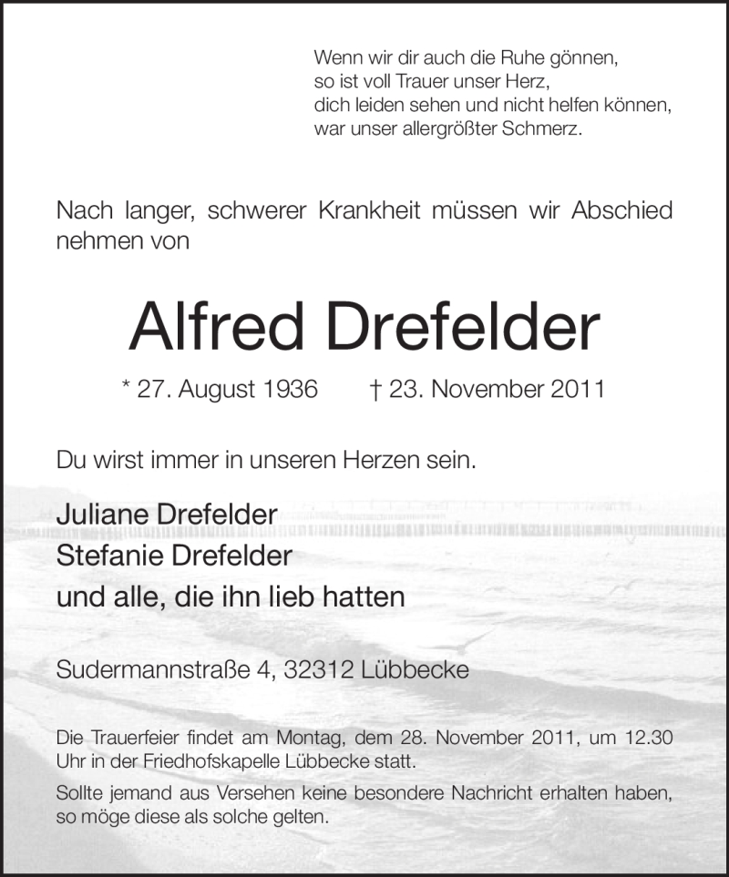  Traueranzeige für Alfred Drefelder vom 25.11.2011 aus Neue Westfälische