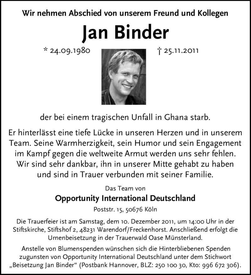 Traueranzeige für Jan Binder vom 06.12.2011 aus Neue Westfälische