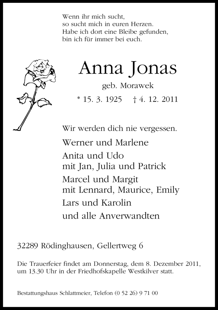  Traueranzeige für Anna Jonas vom 06.12.2011 aus Neue Westfälische