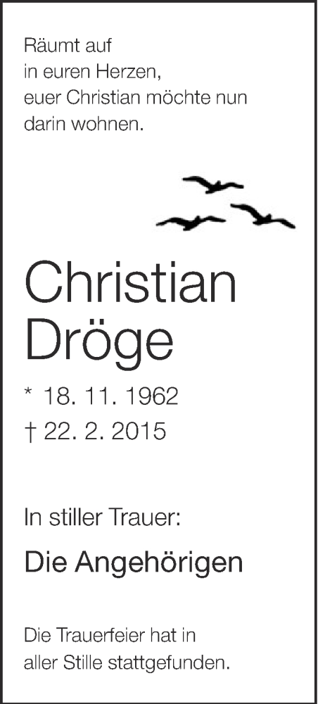  Traueranzeige für Christian Dröge vom 07.03.2015 aus Neue Westfälische