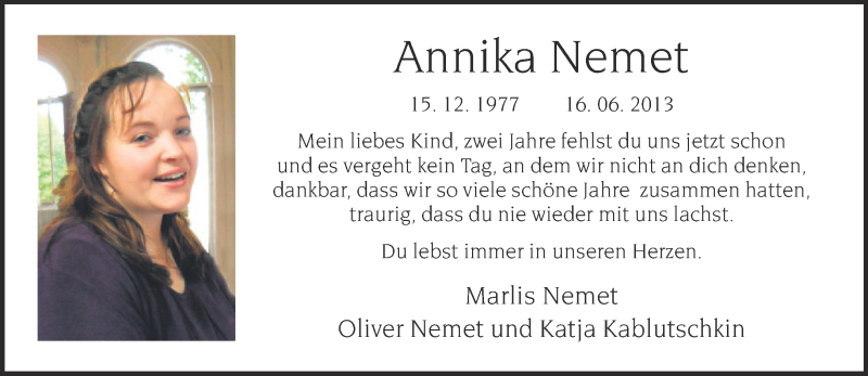 Traueranzeige für Annika Nemet vom 16.06.2015 aus Neue Westfälische
