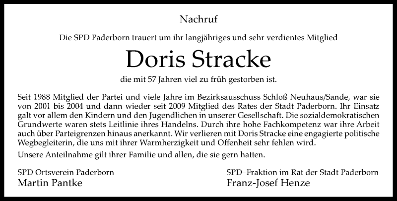  Traueranzeige für Doris Stracke vom 08.06.2015 aus Neue Westfälische