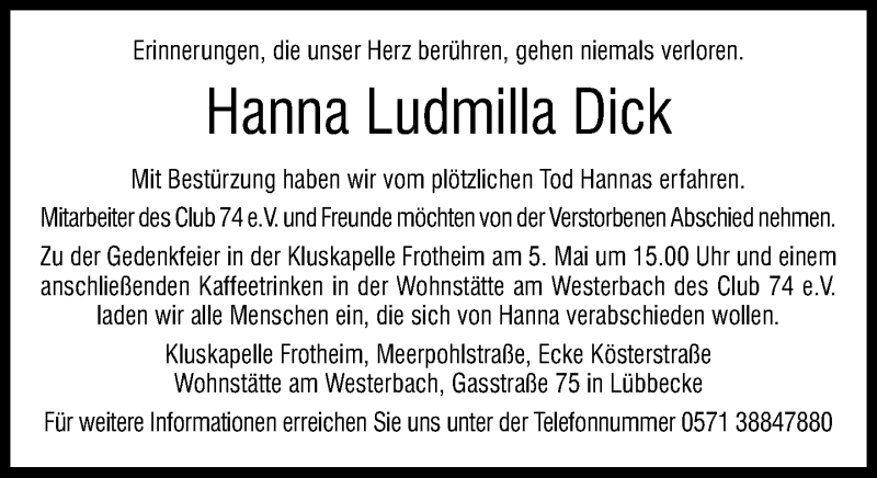  Traueranzeige für Hanna Ludmilla Dick vom 29.04.2015 aus Neue Westfälische