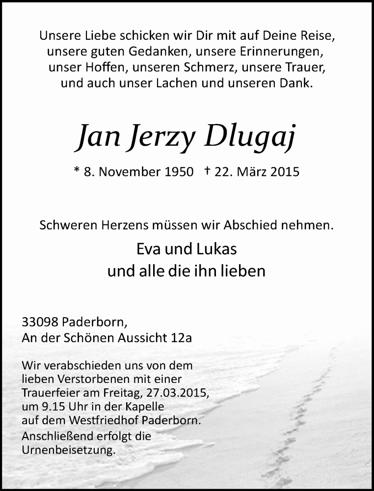  Traueranzeige für Jan Jerzy Dlugaj vom 25.03.2015 aus Neue Westfälische