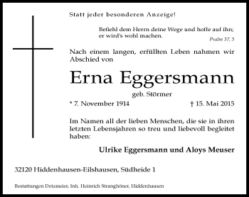 Traueranzeige von Erna Eggersmann von Neue Westfälische