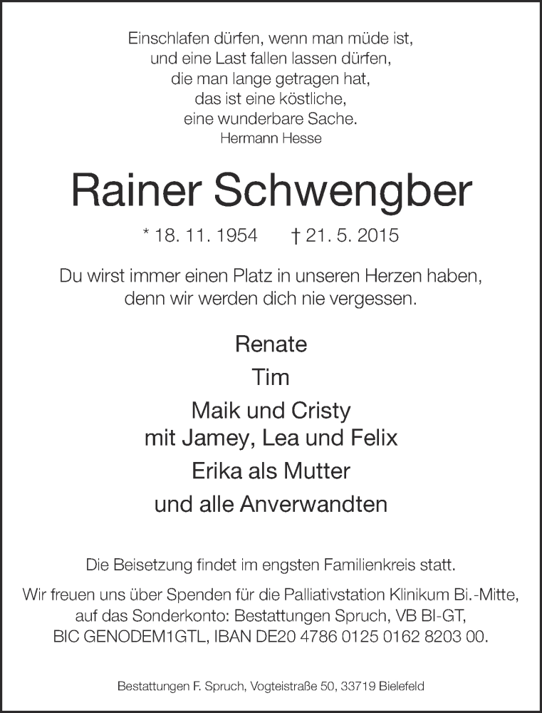  Traueranzeige für Rainer Schwengber vom 23.05.2015 aus Neue Westfälische