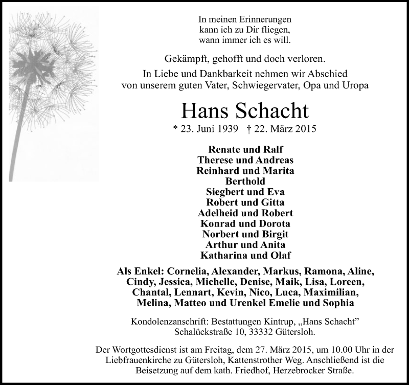 Traueranzeige für Hans Schacht vom 24.03.2015 aus Neue Westfälische