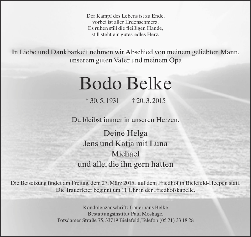  Traueranzeige für Bodo Belke vom 25.03.2015 aus Neue Westfälische